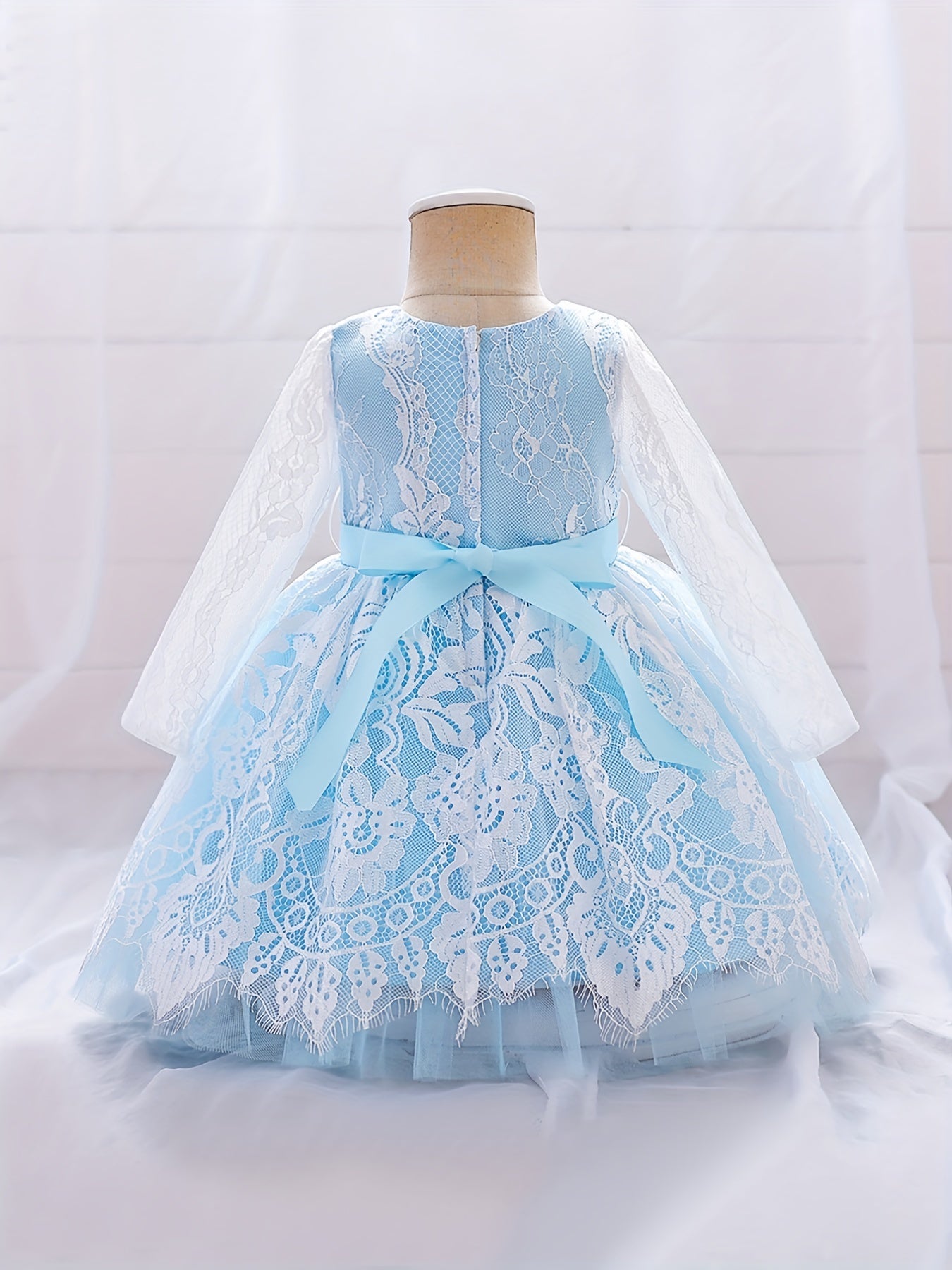 Girls Lace Floral Gown Princess Dress Long Sleeve Mesh Tutu Dress