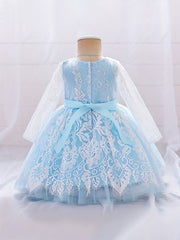 Girls Lace Floral Gown Princess Dress Long Sleeve Mesh Tutu Dress