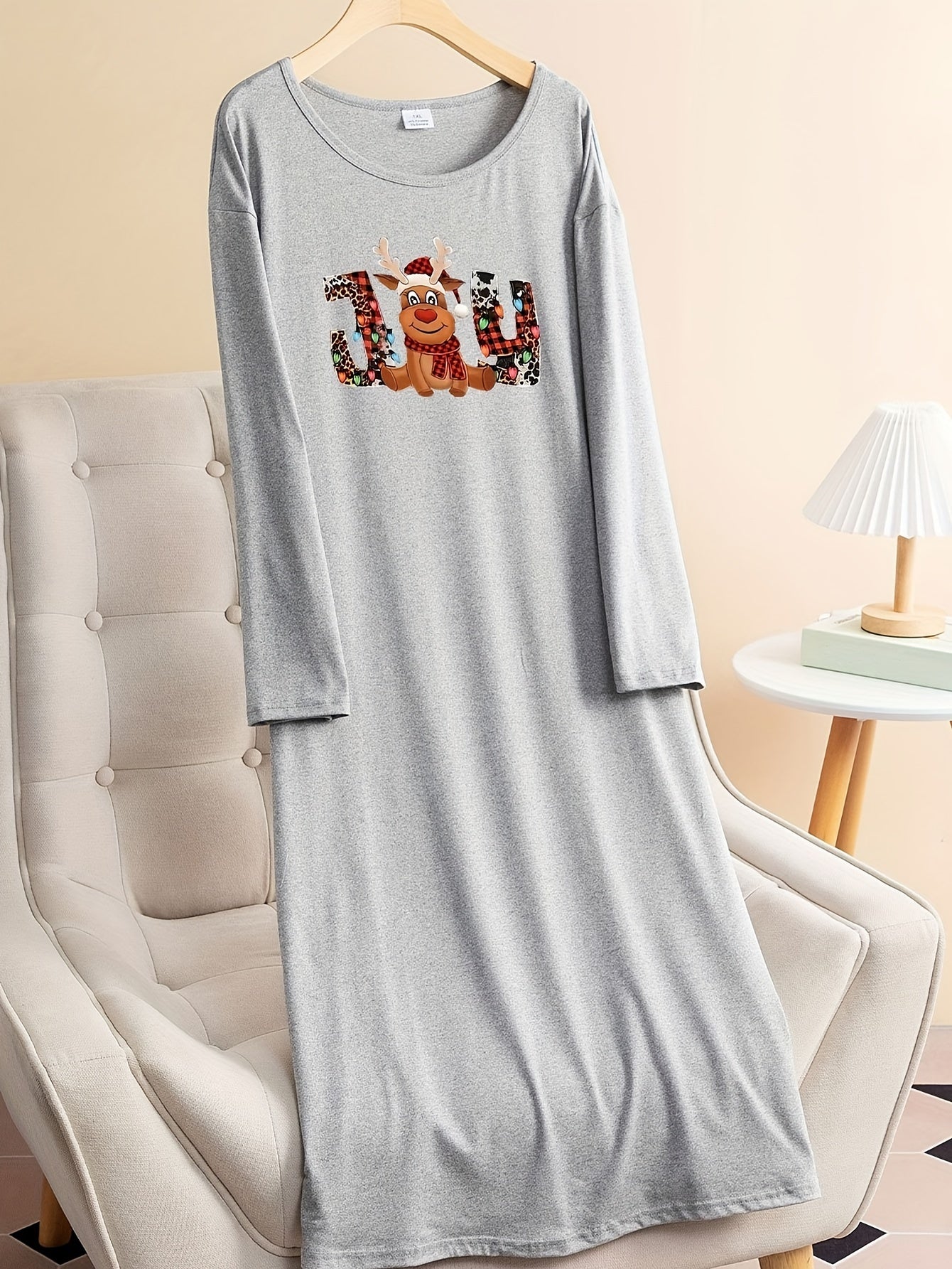 Plus Size Christmas Lounge Dress Elk & Letter Graphic Long Sleeve Tee Dress