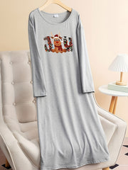 Plus Size Christmas Lounge Dress Elk & Letter Graphic Long Sleeve Tee Dress