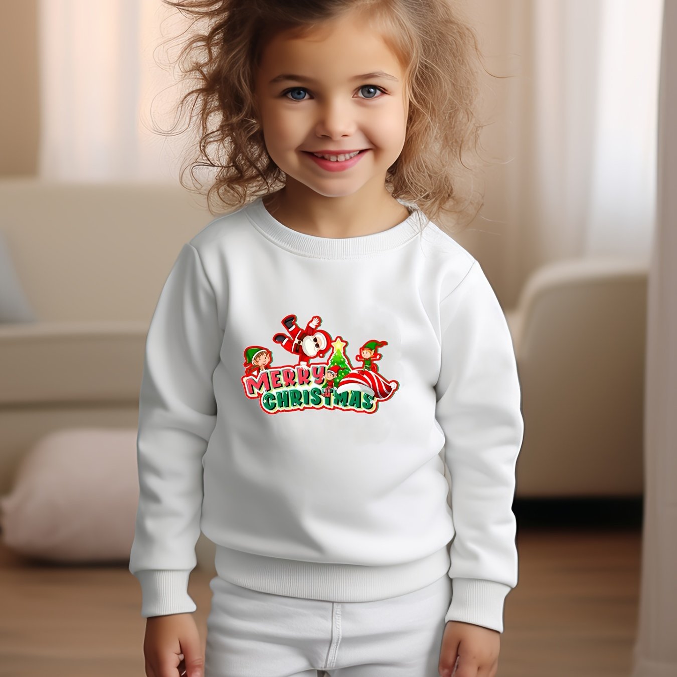 Santa & Elf Graphic Crew Neck Long Sleeve Sweatshirt Kids Christmas Gift