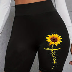 Sunflower Print Biker Shorts High Waist Leggings