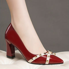 Studded Decor Chunky Heels Cross Strap Pointed Toe Pumps
