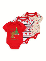 3 Pcs Christmas Baby Bodysuits 0-12 Months 100% Cotton