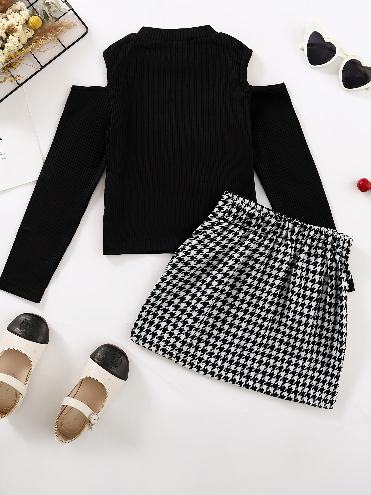 Girls Cold Shoulder Long Sleeve Top Houndstooth Skirt Set