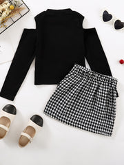 Girls Cold Shoulder Long Sleeve Top Houndstooth Skirt Set