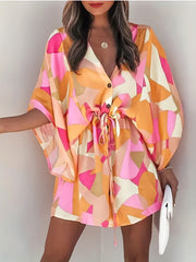 Bell Sleeve Button Dress V Neck Drawstring Casual