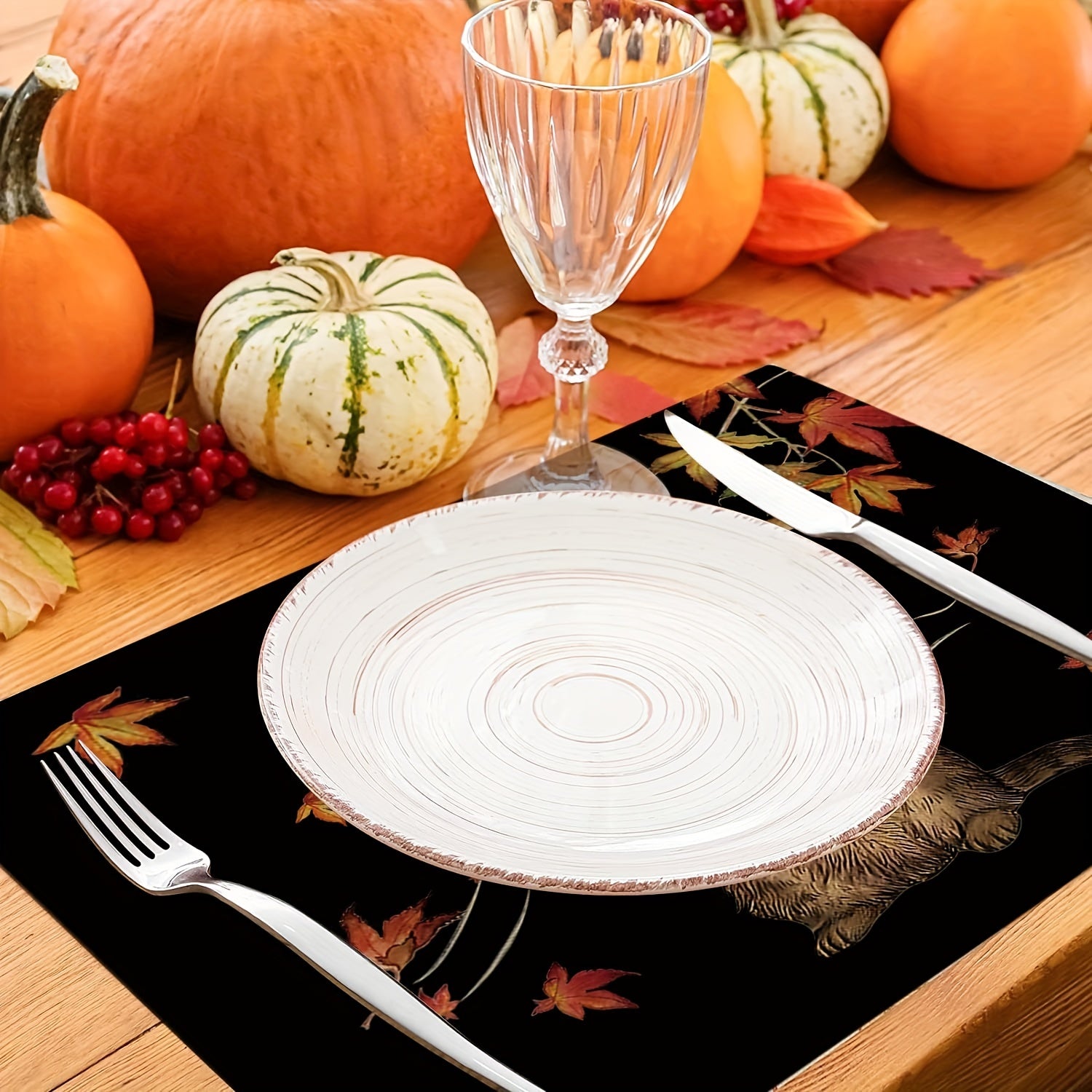 4pcs Fall Series Placemats Cat Maple Leaf Table Cover