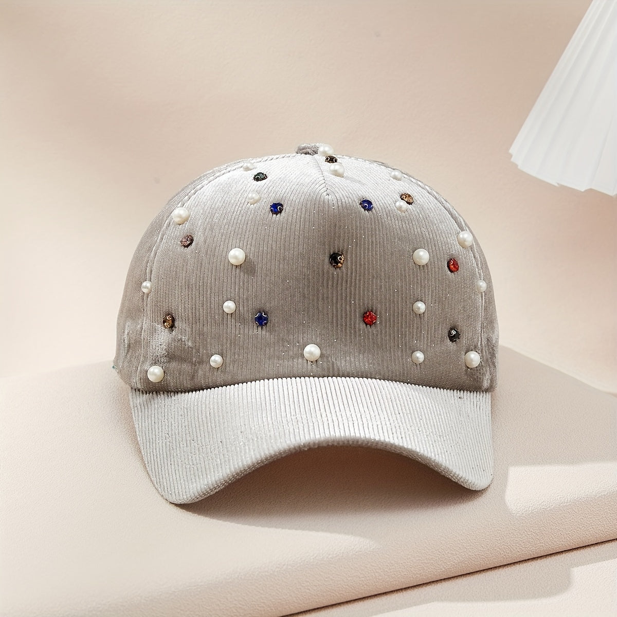 Faux Pearl Decor Baseball Cap Rhinestone Corduroy Sun Hat Lightweight