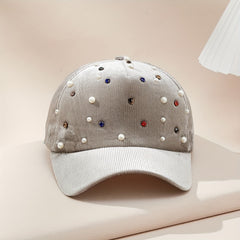Faux Pearl Decor Baseball Cap Rhinestone Corduroy Sun Hat Lightweight