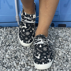 Women's Christmas Deer Sneakers Lace Up Flat Casual Shoes
