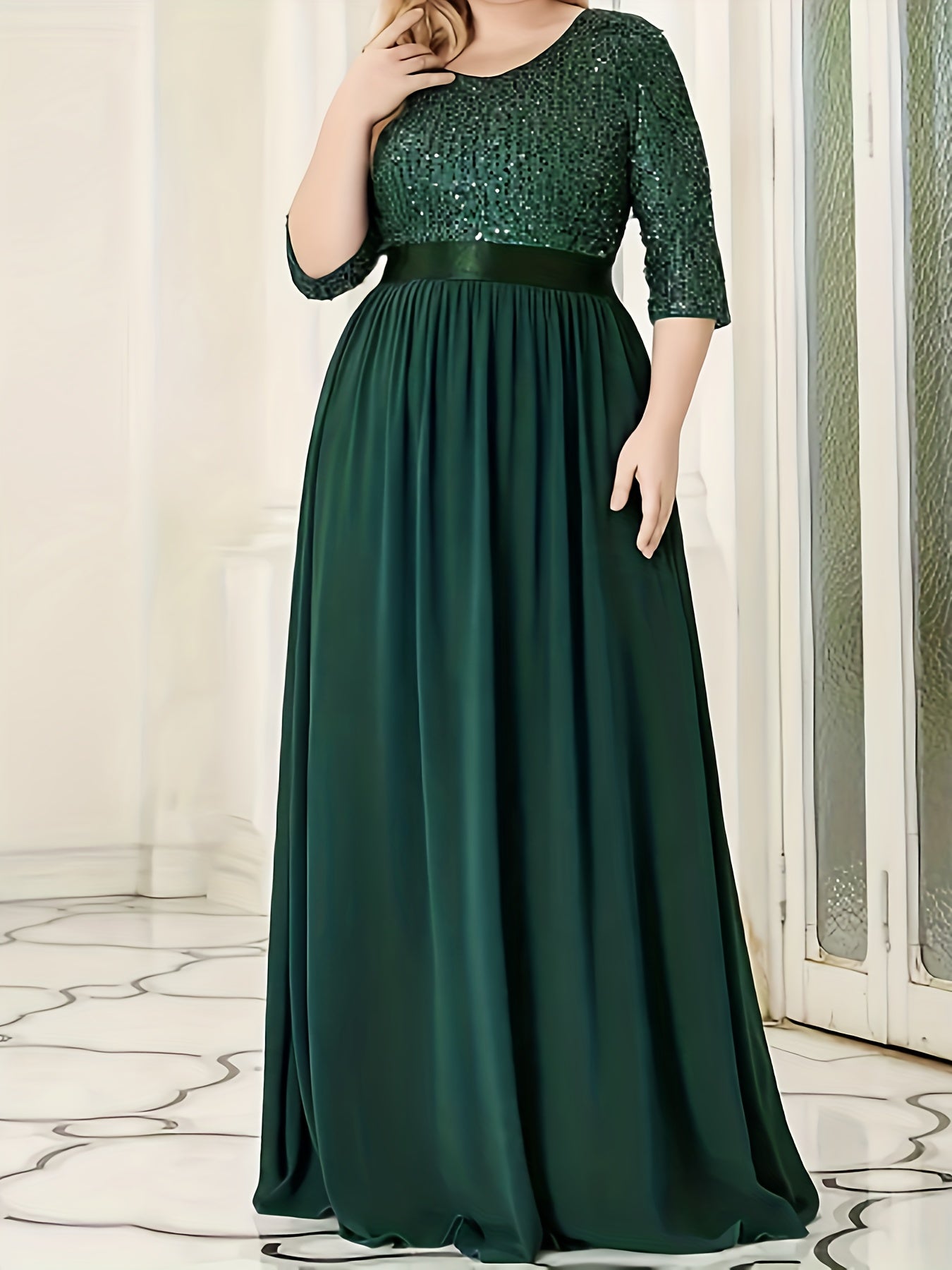 Colorblock Sequin Half Sleeve V Neck Maxi Wedding Dress