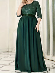 Colorblock Sequin Half Sleeve V Neck Maxi Wedding Dress