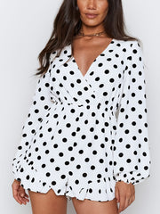Polka Dot Surplice Neckline Jumpsuit Ruffle Trim Romper
