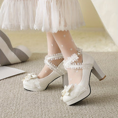 Women's Pearl Bowknot High Heel Mary Jane Lolita Dress Pumps