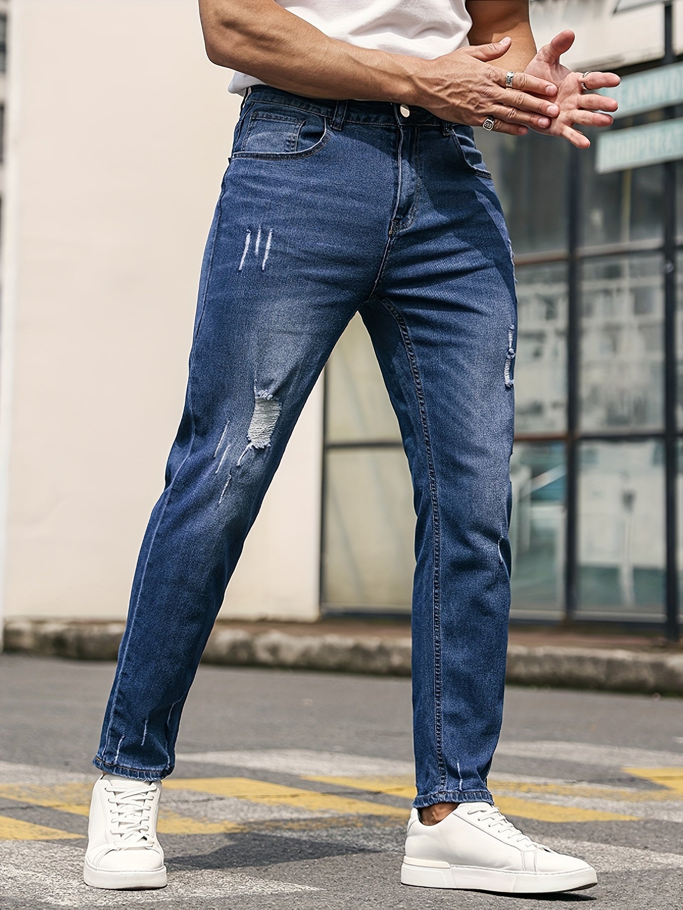 Slim Fit Cat Catch Jeans Men's Casual Street Style Distressed Stretch Denim Pant