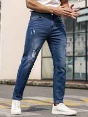 Slim Fit Cat Catch Jeans Men's Casual Street Style Distressed Stretch Denim Pant