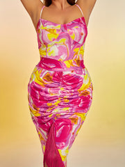 Sexy Cami Dress Random Print Ruched Fringe Trim Slim Fit Cami Dress