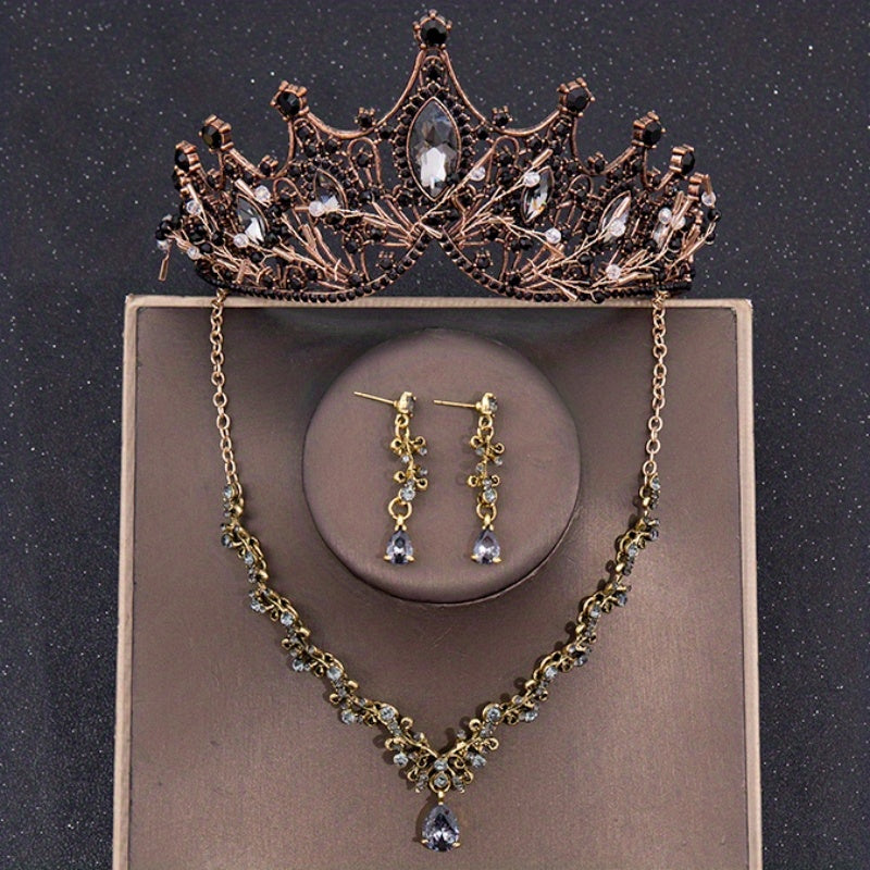 Baroque Crystal Bridal Head Jewelry Set - Tiara Crown Earring Necklace