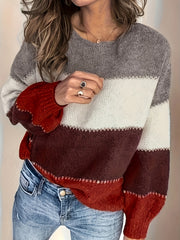Colorblock Long Sleeve Round Neck Casual Sweater