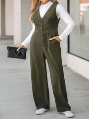 Corduroy Button Up V Neck Wide Leg Jumpsuit