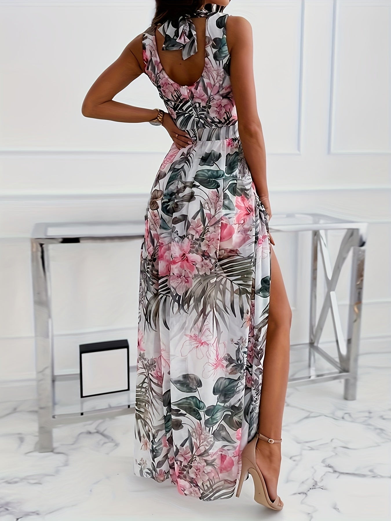 Floral Print V Neck Dress Sleeveless Sexy Dress for Spring & Summer