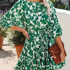 Plus Size Boho Dress Women's Plus Floral Print Puff Sleeve A line Mini Dress