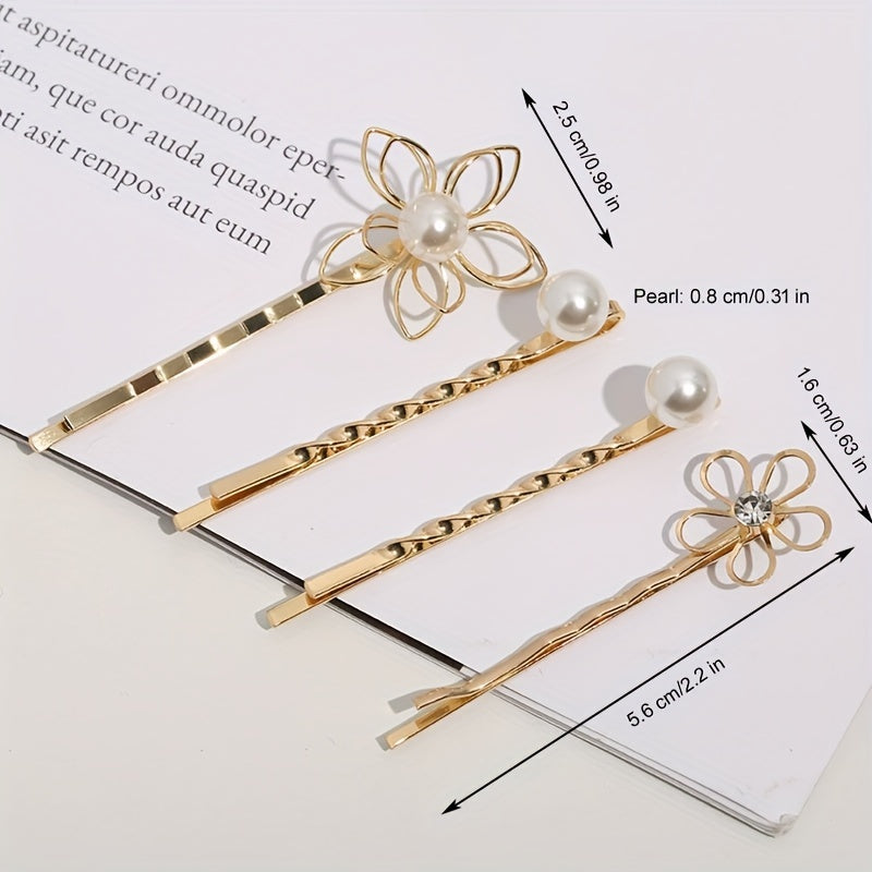 4pcs Golden Hair Clips with Flower & Pearls, Metal Hairpins for Women and Girls