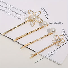 4pcs Golden Hair Clips with Flower & Pearls, Metal Hairpins for Women and Girls