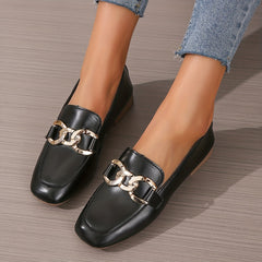 Square Toe Loafers with Metallic Buckle Decor Slip On Flats
