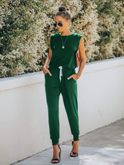 Solid Drawstring Jumpsuit Crew Neck Elastic Waist Women's Clothing