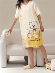 Bear Print Nightdress Crew Neck Short Sleeve Sleep Dress Women's Sleepwear