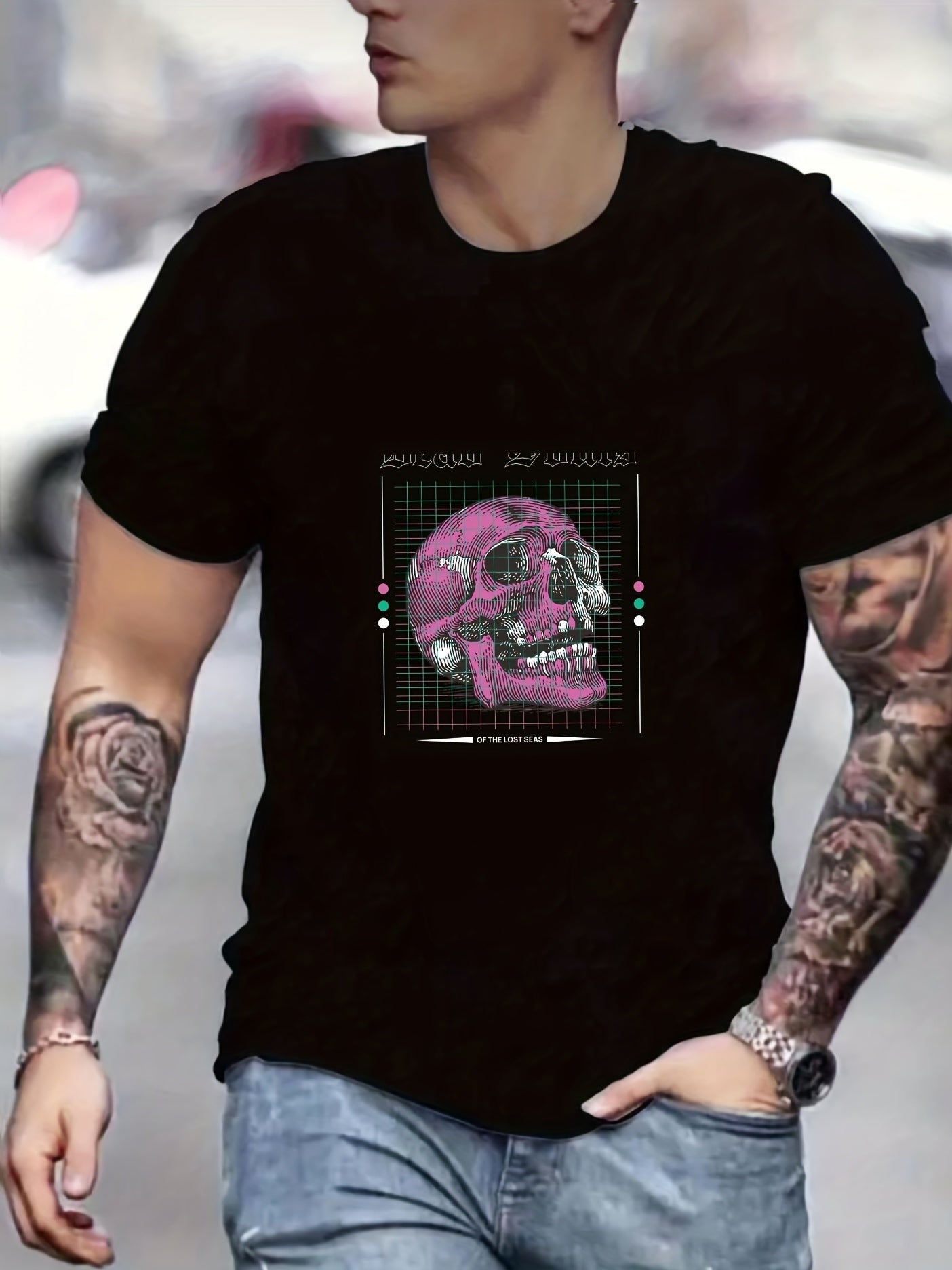 Skull Print Men's Graphic T Shirt Comfy Crew Neck Tee for Summer