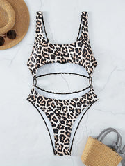 Leopard Print One Piece Swimsuit Scoop Neck Tummy Control High Cut