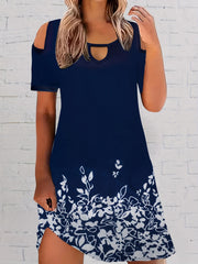 Casual Dress Women's Plus Floral Print Cold Shoulder Round Neck Dress