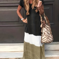 Colorblock Stripe Print Short Sleeve V Neck Maxi Dress