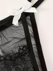 Sultry Lace Mesh Lingerie Set Sheer Unlined Bra & Bow Tie Panties
