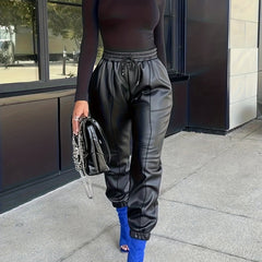 PU Leather Drawstring Pants Elastic Waist Cropped Pants