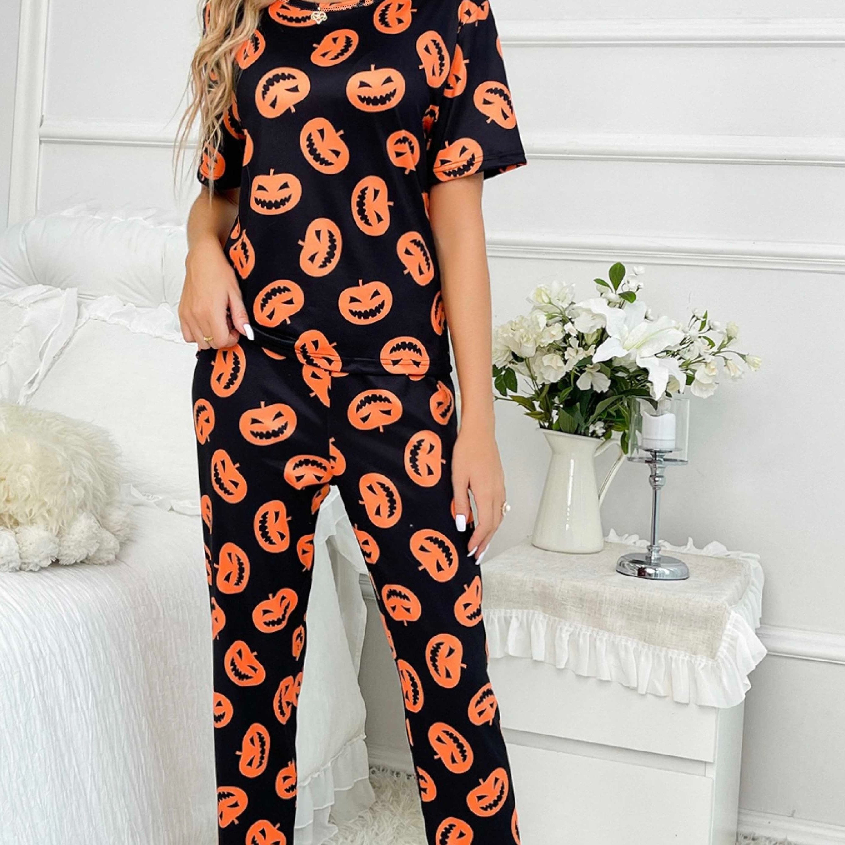 Pumpkin Print Pajama Set Short Sleeve Crew Neck Top