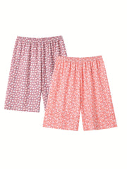 2 Pack Boho Sleepwear Set Women's Plus Floral & Fruit Print Shorts