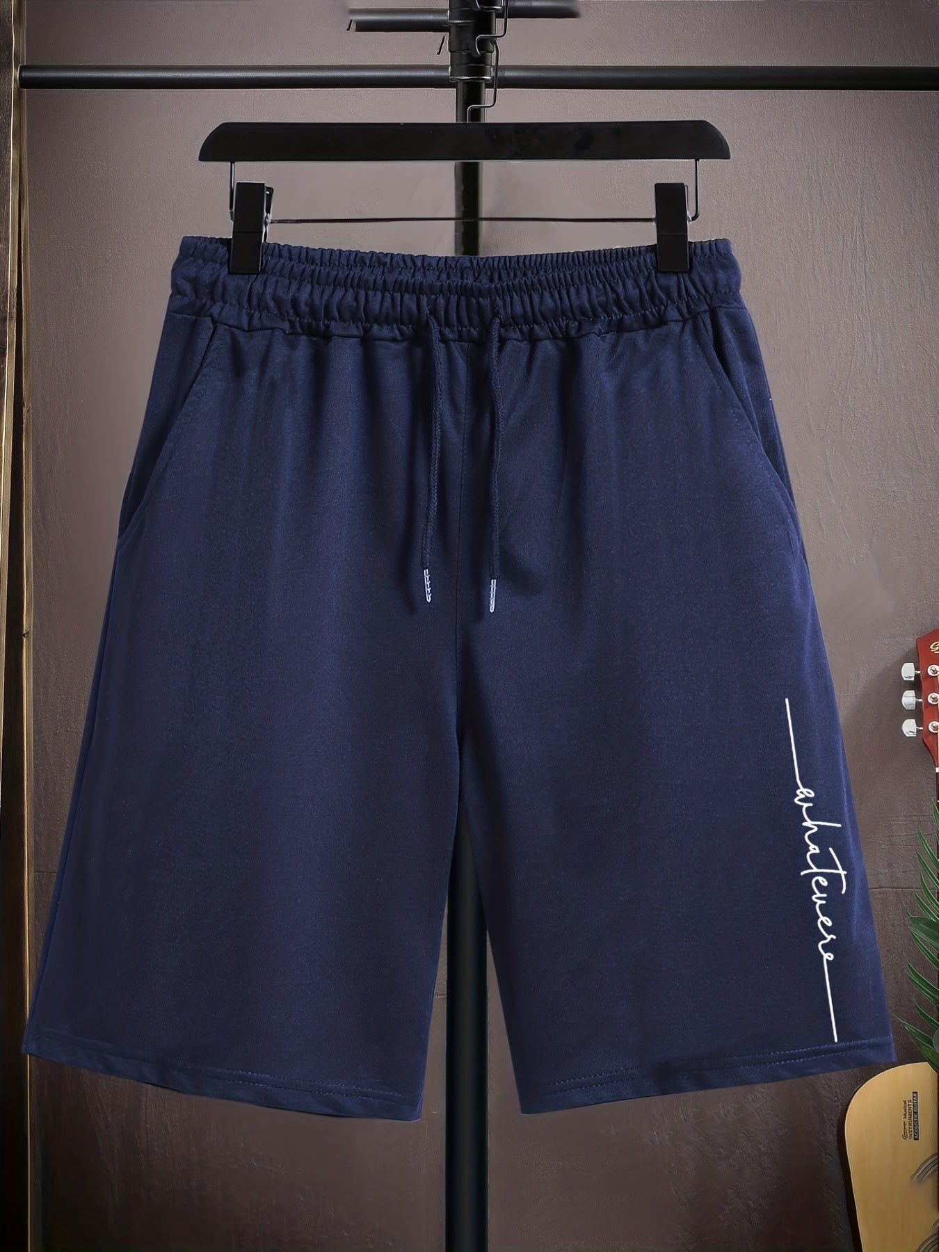 Letter Print Casual Mid Stretch Graphic Drawstring Shorts Men's Shorts
