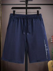 Letter Print Casual Mid Stretch Graphic Drawstring Shorts Men's Shorts
