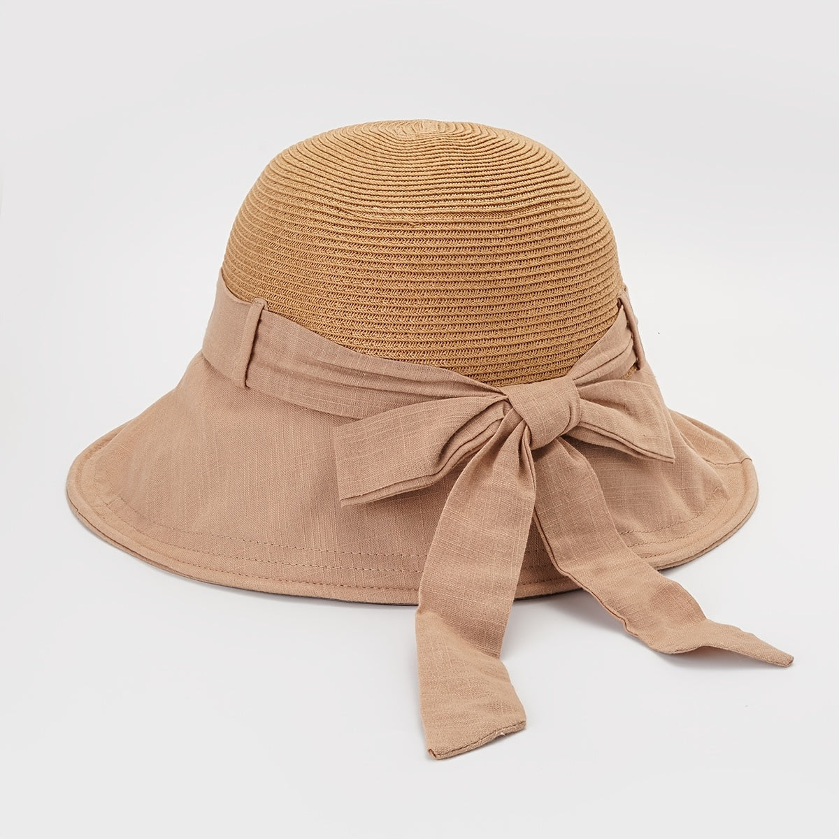 Stylish Stitching Bucket Hat Bow Strap Fisherman Cap Sun Hat