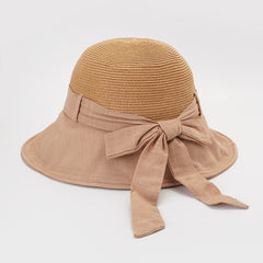 Stylish Stitching Bucket Hat Bow Strap Fisherman Cap Sun Hat
