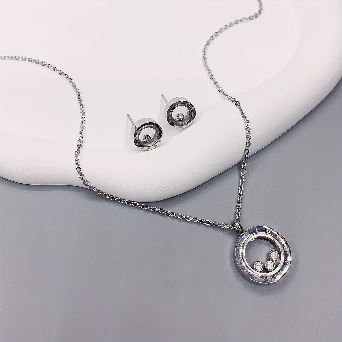 3pcs Round Shape Rhinestone Stainless Steel Jewelry Set