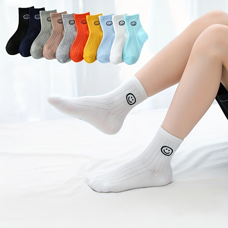 10 Pairs Smiling Face Kids Striped Crew Socks