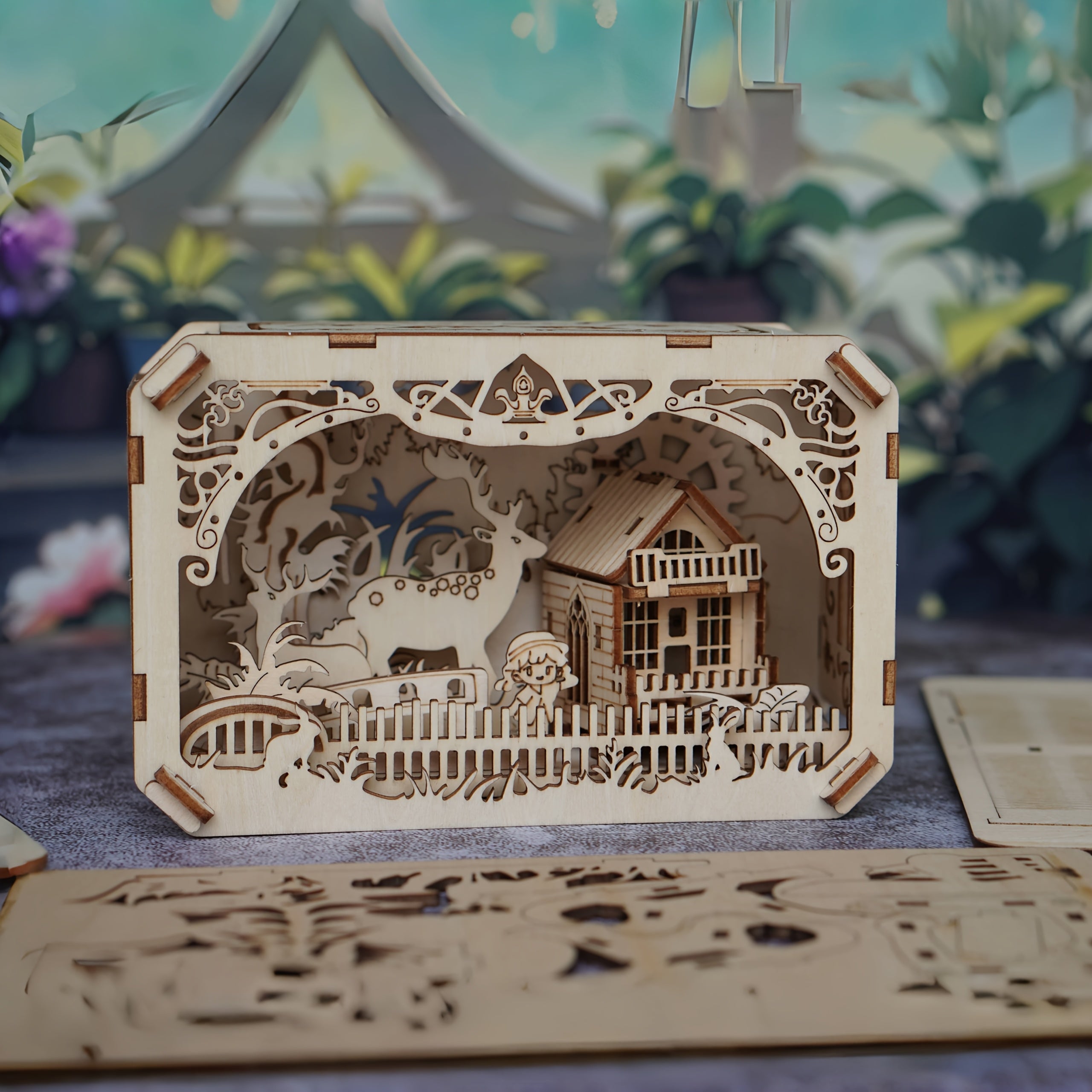 3D Wooden Puzzle DIY Elk Forest Cabin Scene Christmas Gift Desktop Decoration