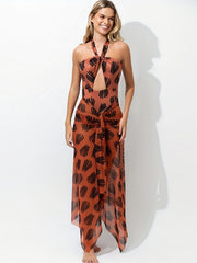 Criss Cross Hollow Out One Piece Swimsuit With Sarong Cover Up