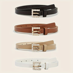 4pcs Girls PU Leather Belt w/ Faux Pearl Buckle for Jeans