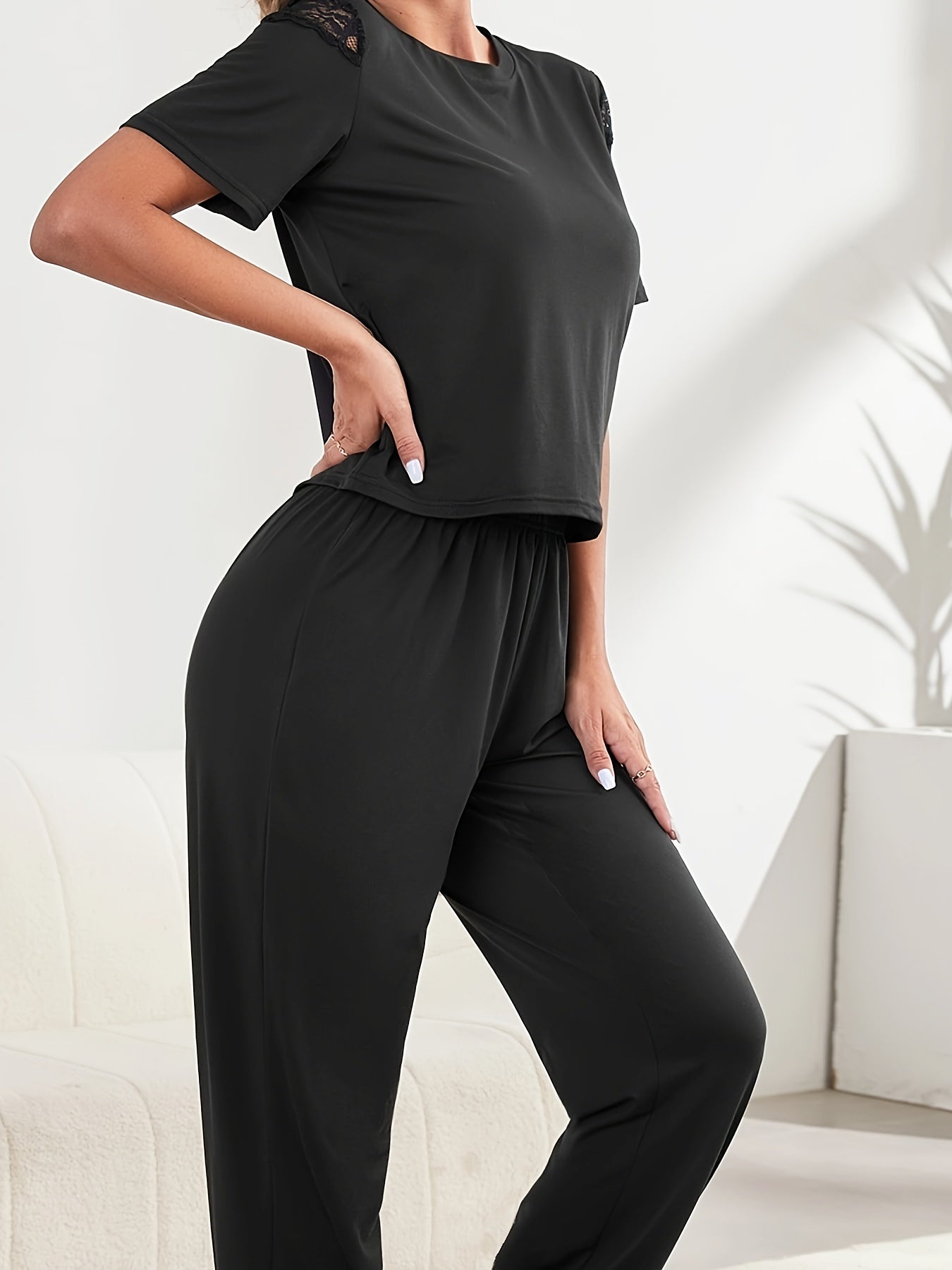 Women's Pajama Set Short Sleeve Top & Elastic Waistband Pants